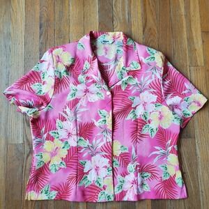 Vintage‎ Alia Tropical Hawaiian Floral Pink Short Sleeve Women's Top Size 14